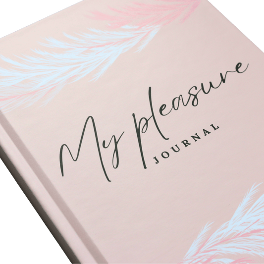 Journal with 'My pleasure' text on a pink cover with abstract designs