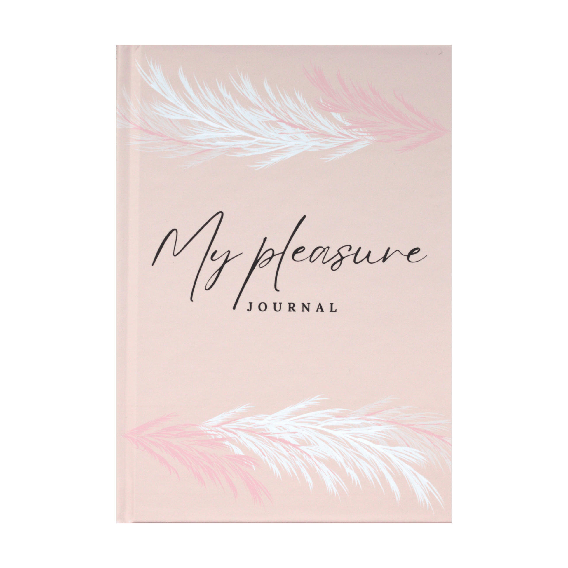 Journal with 'My pleasure' text on a pink cover with white feather designs 