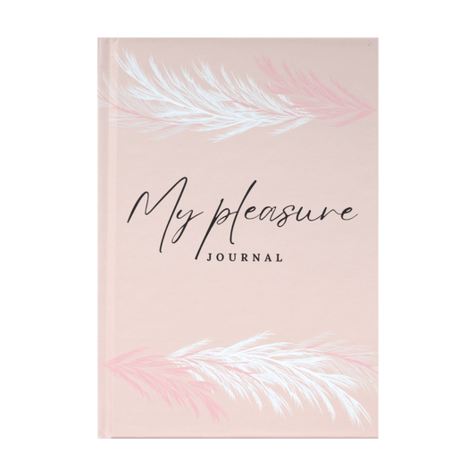 Journal with 'My pleasure' text on a pink cover with white feather designs 