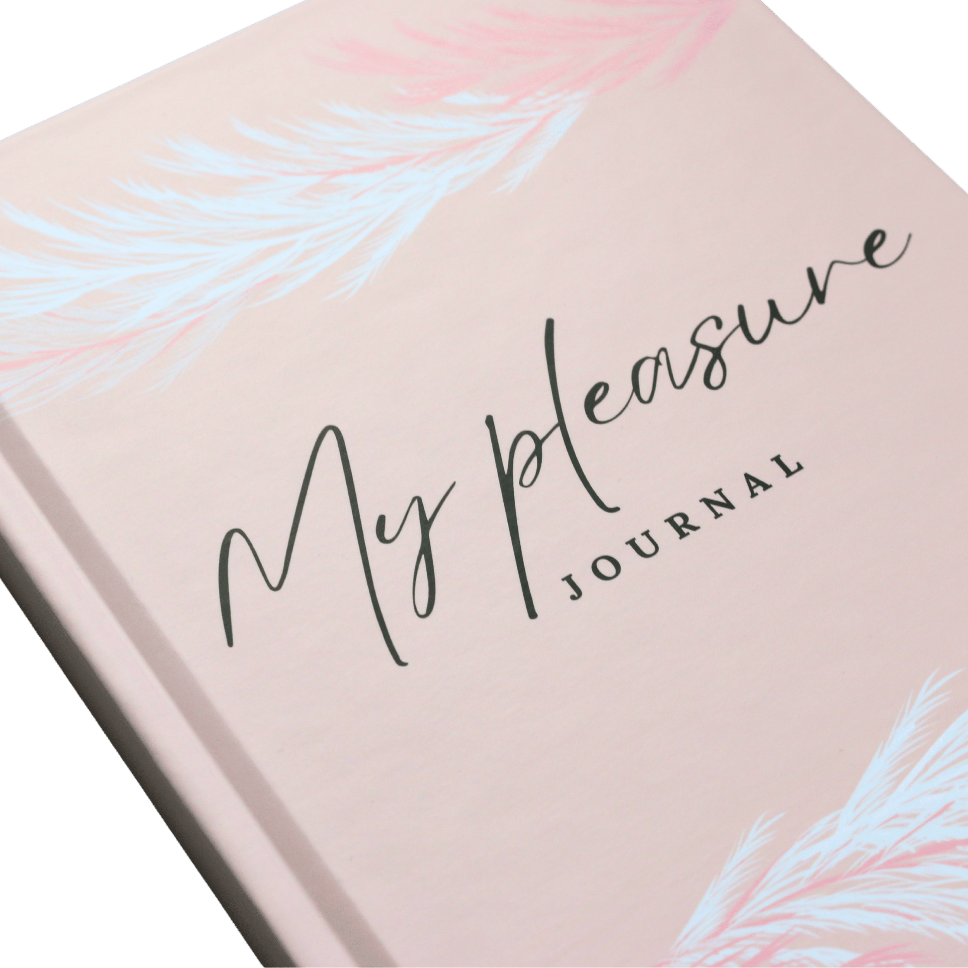 Journal with 'My pleasure' text on a pink cover with abstract designs