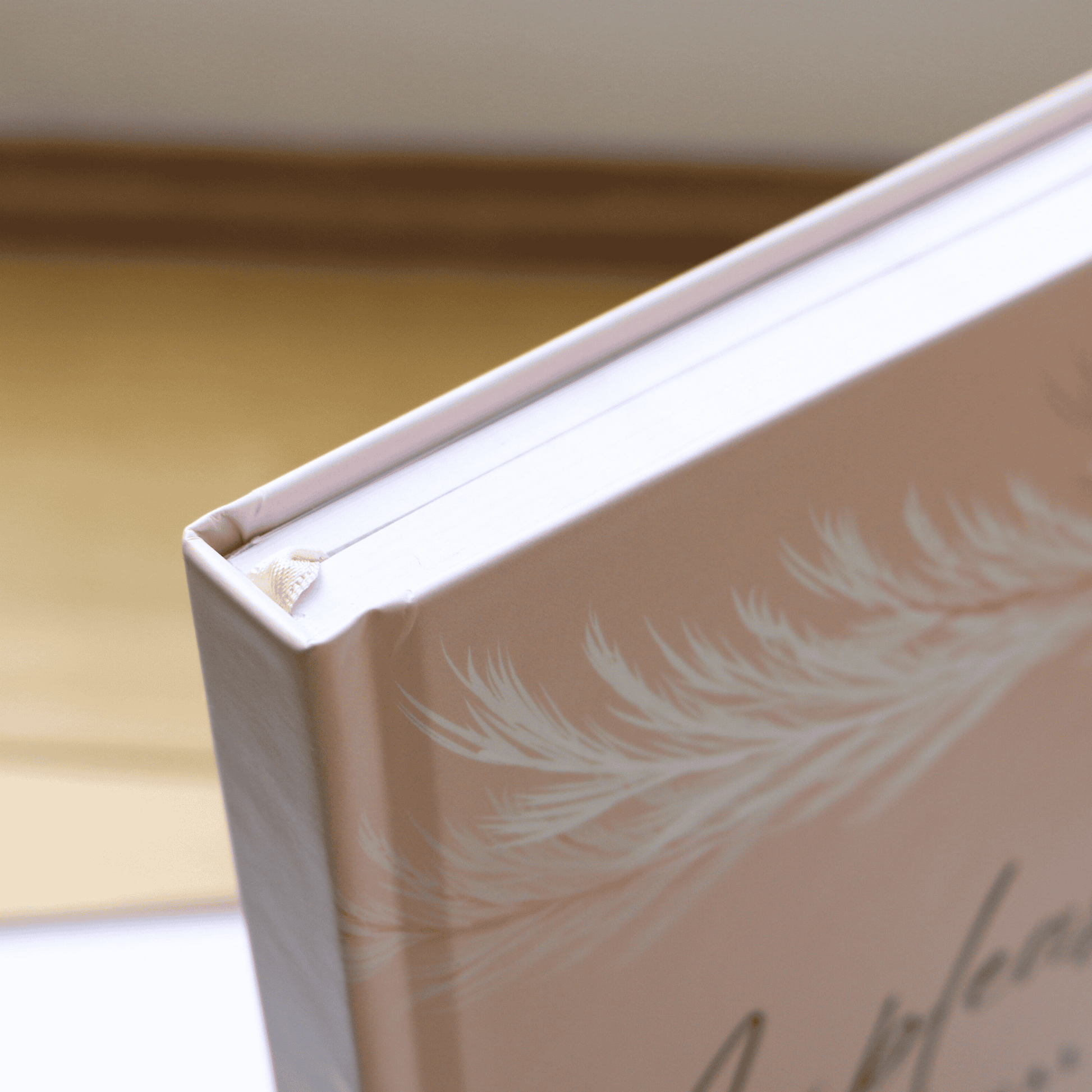 Close-up of a journal with decorative cover and feather design